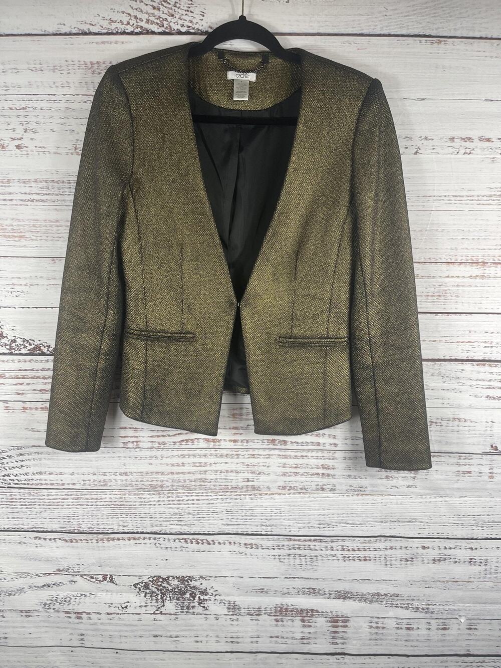 Cache Blazer Women's 4 Gold Black Metallic Tweed Open Front Padded Shoulder Chic